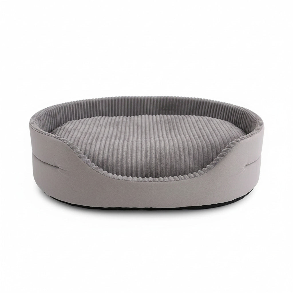 LomaPaws dog bed couch with bolster edges in dark grey with yellow and orange trim