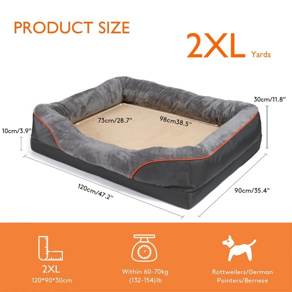 LomaPaws orthopedic dog bed in 2XL size with dimensions guide