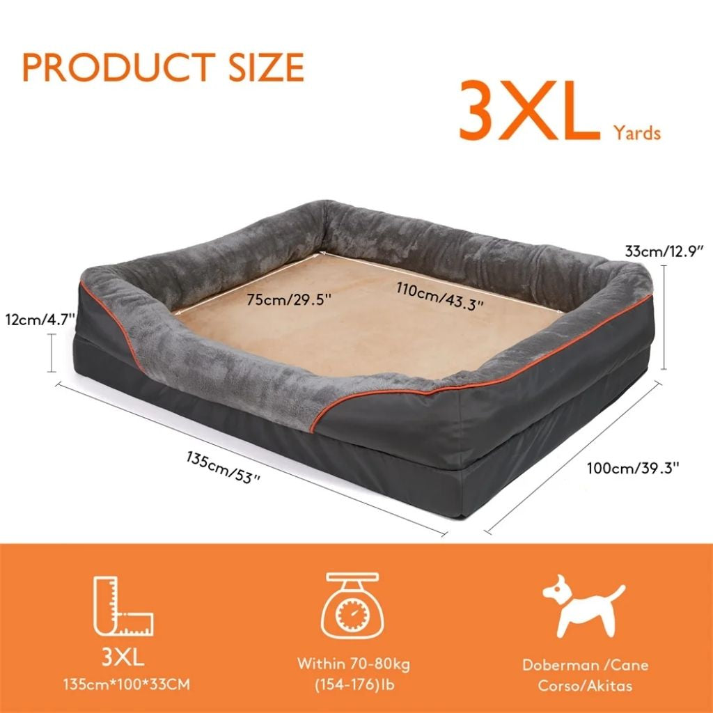 LomaPaws orthopedic dog bed in 3XL size with dimensions guide